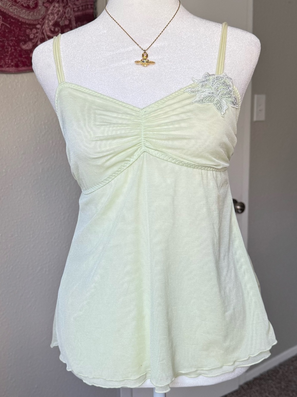 Pastel Lime Green Y2K 2000s Mesh Small Women’s Embroidered Floral Fairy Cami